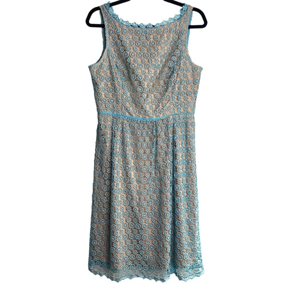 ADRIANNA PAPELL DRESS 10 BLUE SPINDLE LACE CROCHET FLORAL SHEER NUDE LINED